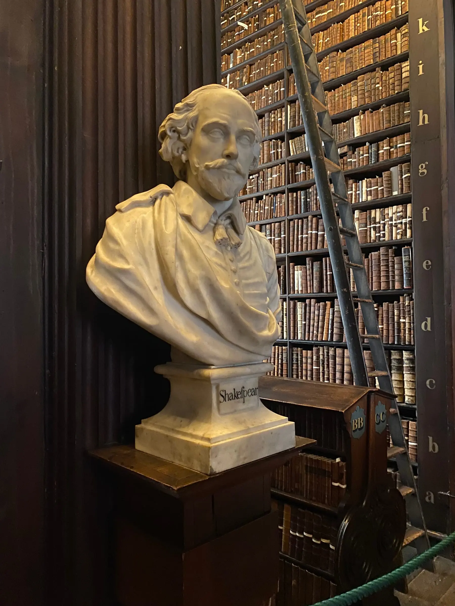 A marble bust labeled Shakespeare on a wooden plinth, with a ladder against dark wooden bookshelves behind it