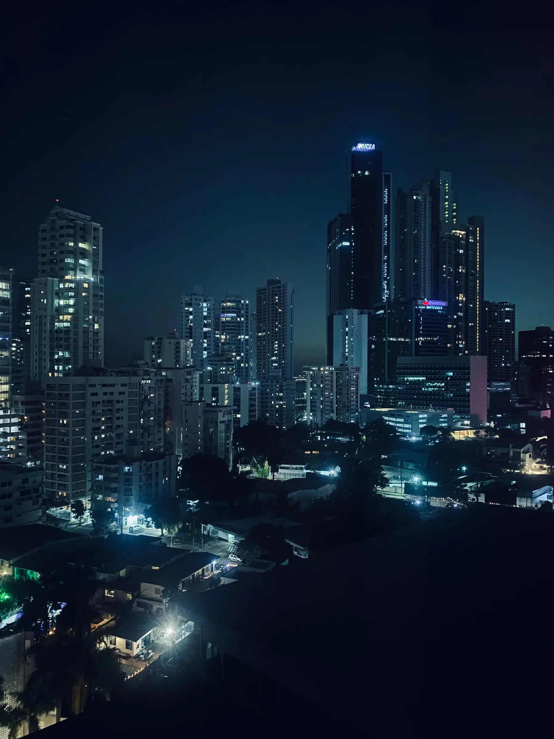 The Panama City skyline at night, lit towers rising over low houses and trees