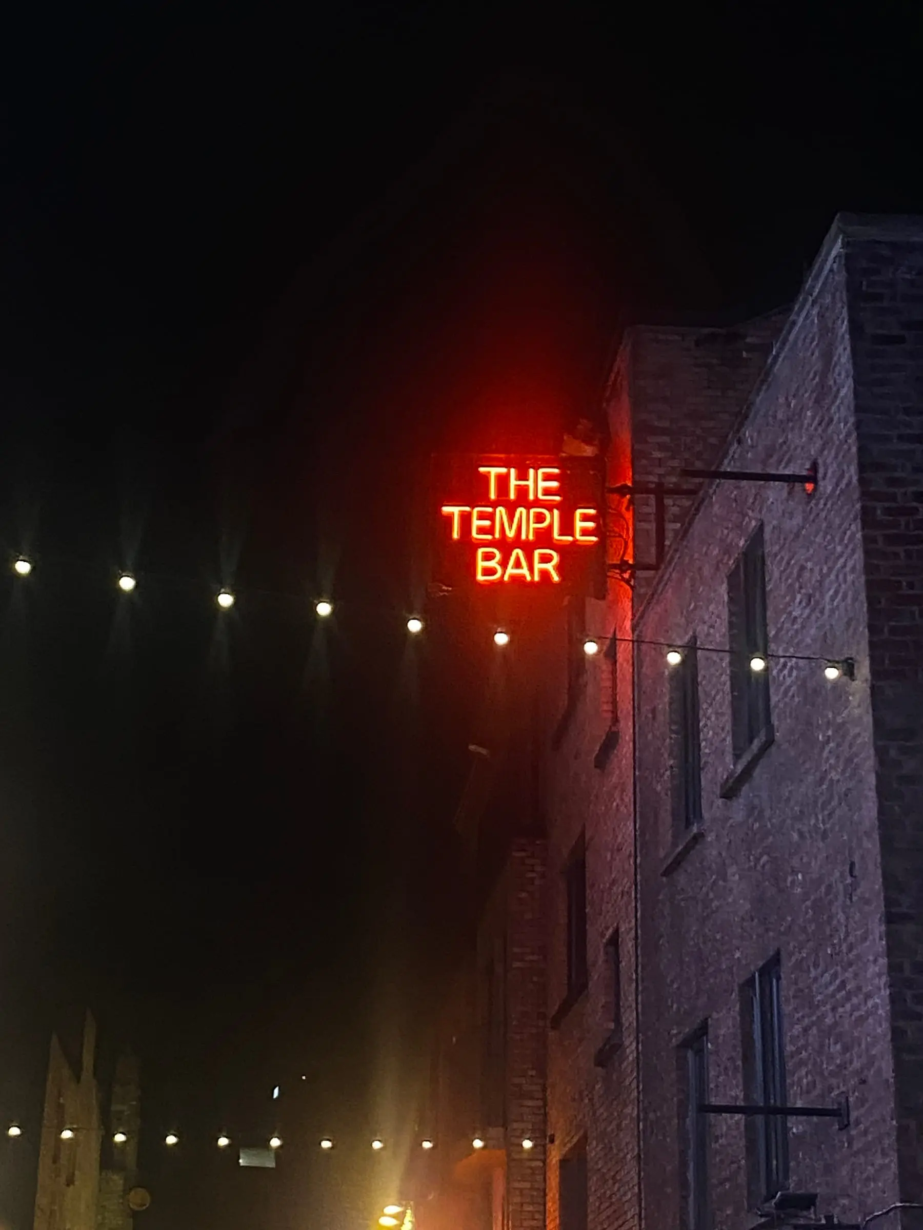 A glowing orange neon sign reading The Temple Bar on a brick wall at night, with string lights across the street