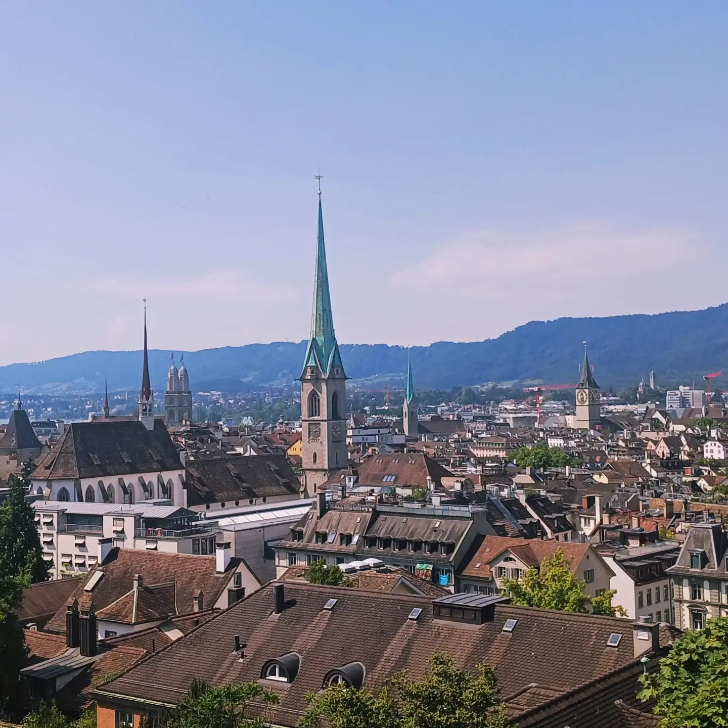 Rooftops of Zürich's old town under a blue sky, a green copper spire rising above the houses and wooded hills beyond